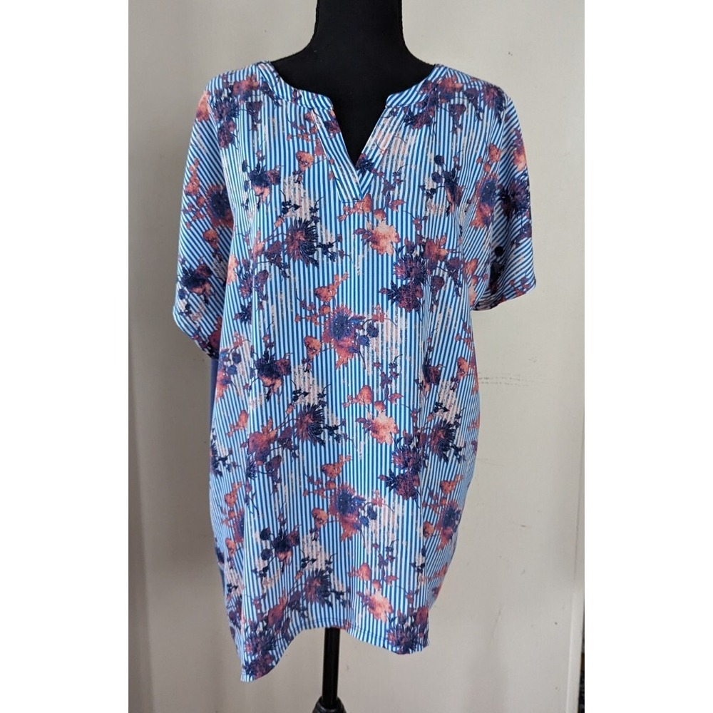 Attention Plus Women's 1X Blue Striped Floral Semi Sheer Flowy V Neck Top Shirt